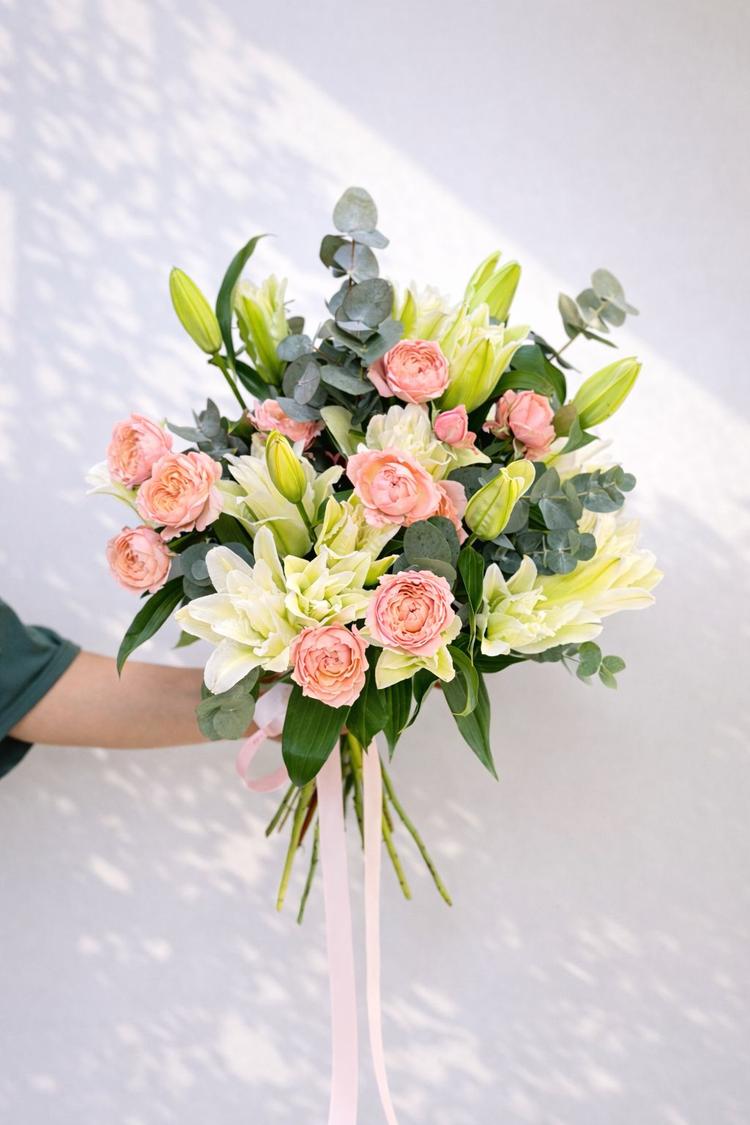 Букет из кустовой розы и лилий, с добавлением эвкалипта